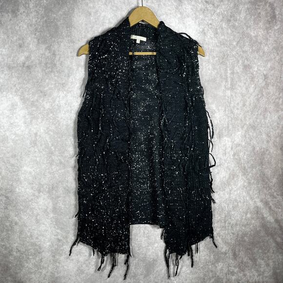 Joan Vass‎ Cardigan Sweater Womens Large Black Knit Wool Blend Fringe Open - Picture 1 of 9